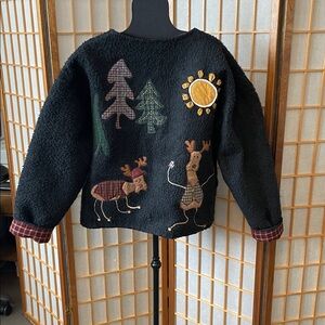Hand-Made Plaid Lined Fuzzy Christmas Reindeer Quilted Jacket Sweater